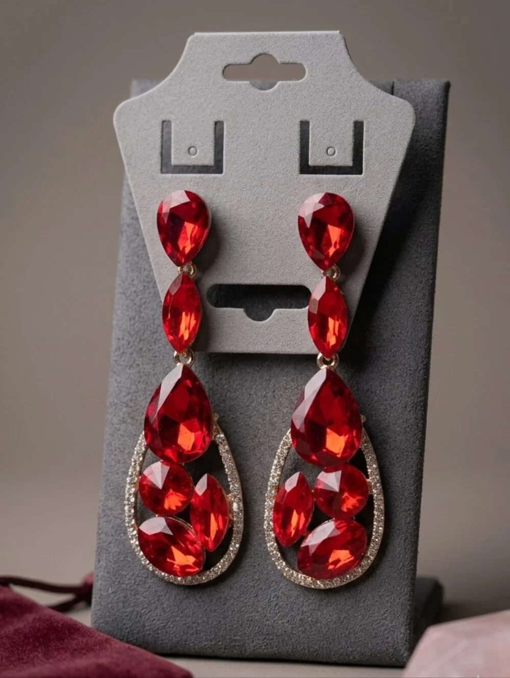 Red Teardrop Crystal Drop Earrings